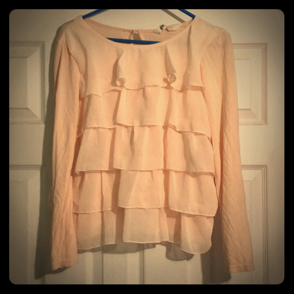 H&M Ruffled Blush Pink Long Sleeve Knit Shirt